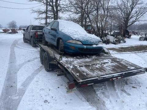 SMASH Cars | Junk Car Removal of a Snow-Covered Sedan on a Trailer